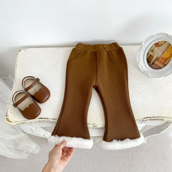 Spazoro Kids Girls Sweatpants, Fall Winter Casual Solid Color Cotton Warm Leggings for Toddler Girls Brown Size 1 T