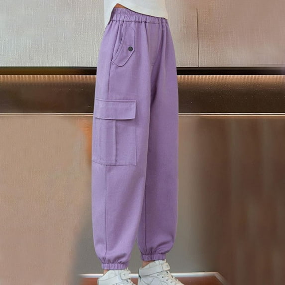 Spazoro Kids Girls Sweatpants, Solid Color Cotton Warm Fall Winter Casual Pants for Toddler Girls Purple Size 7 T