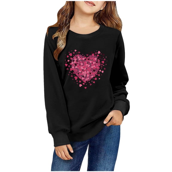 Spazoro Kids Girls Sweatshirts, Crew Neck Heart Print Valentine's Day Long Sleeve Casual Blouses Tops for Child Girls Black Size 2 T