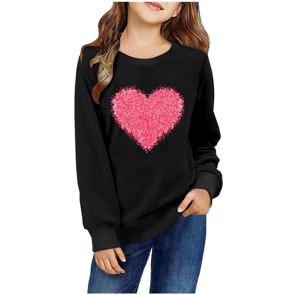 Spazoro Kids Girls Sweatshirts, Crew Neck Heart Print Valentine's Day Long Sleeve Casual Blouses Tops for Child Girls Black Size 3 T