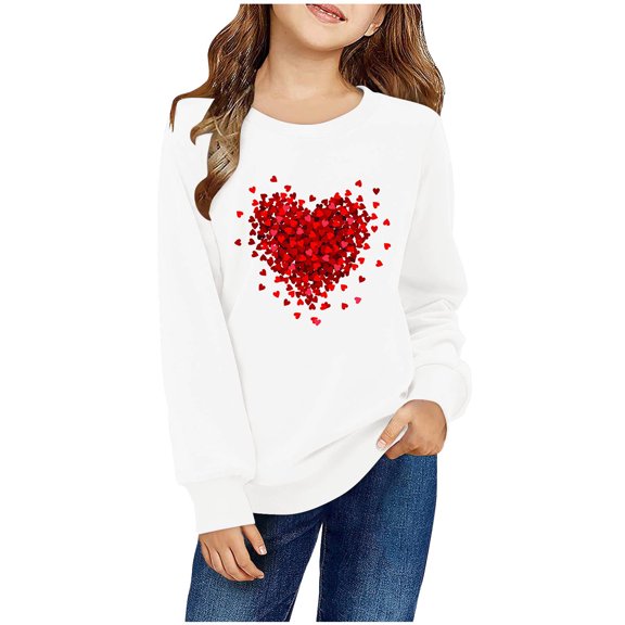 Spazoro Kids Girls Sweatshirts, Crew Neck Long Sleeve Heart Print Valentine's Day Casual Blouses Tops for Child Girls White Size 7 T