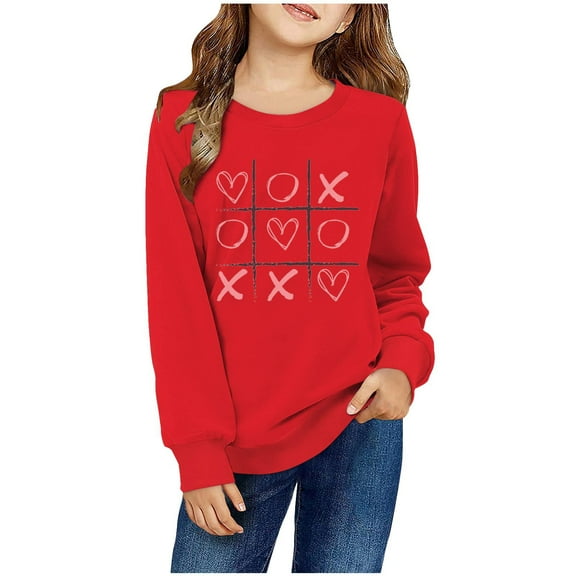 Spazoro Kids Girls Sweatshirts, Heart Print Valentine's Day Long Sleeve Crew Neck Casual Blouses Tops for Child Girls Red Size 4 T