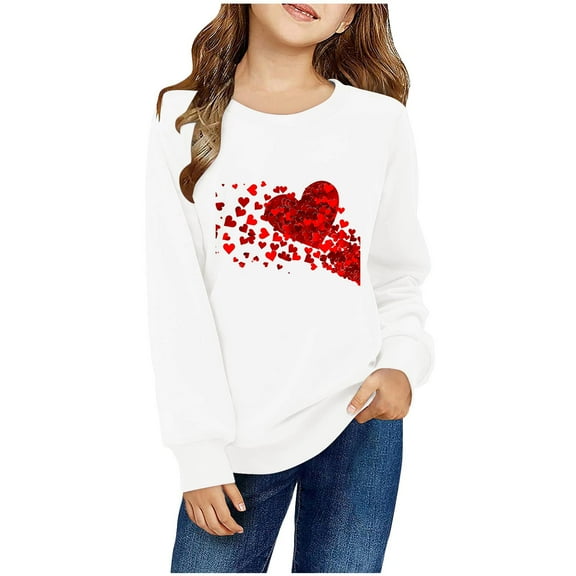 Spazoro Kids Girls Sweatshirts, Heart Print Valentine's Day Long Sleeve Crew Neck Casual Blouses Tops for Child Girls White Size 5 T