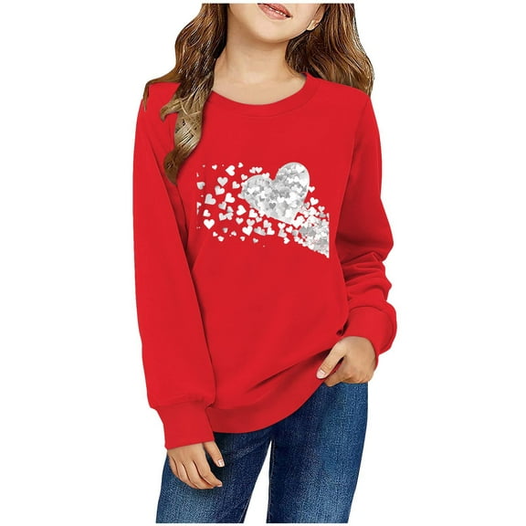 Spazoro Kids Girls Sweatshirts, Valentine's Day Crew Neck Heart Print Long Sleeve Casual Blouses Tops for Child Girls Red Size 5 T