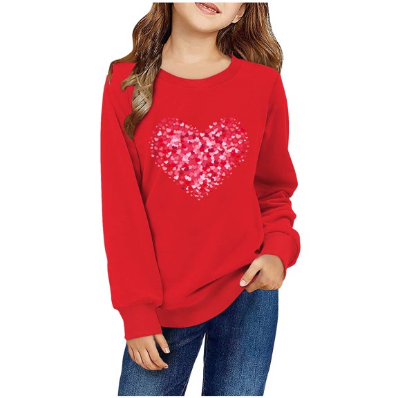 Spazoro Kids Girls Sweatshirts, Valentine's Day Heart Print Crew Neck Long Sleeve Casual Blouses Tops for Child Girls Red Size 2 T