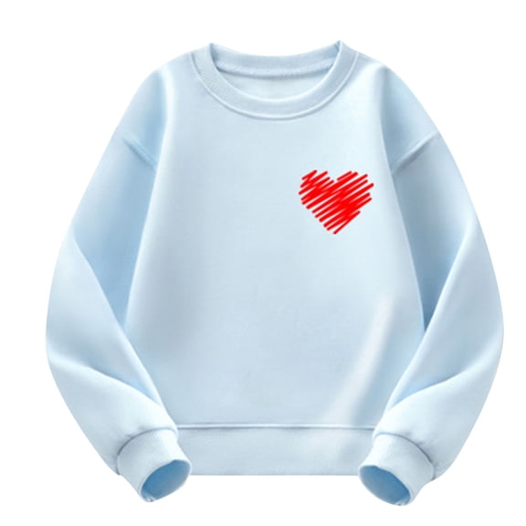 Spazoro Kids Girls Sweatshirts, Valentine's Day Heart Print Long Sleeve Crew Neck Casual Blouses Tops for Child Girls Light Blue Size 4 T