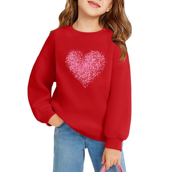 Spazoro Kids Girls Sweatshirts, Valentine's Day Long Sleeve Heart Print Crew Neck Casual Blouses Tops for Child Girls Red Size 3 T