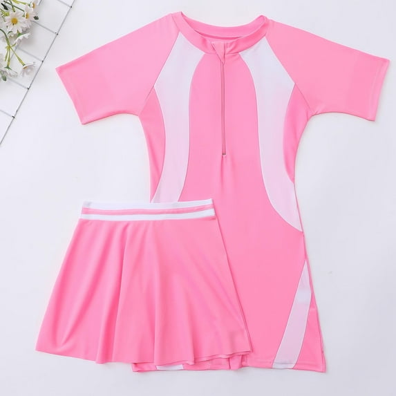 Spazoro Kids Girls Swimsuits, Breathable Quick Drying Fashionable Skirt Style Zipper 2PC Beach Swimming Pool Swimsuit for Chid Girls Pink Size 7 T