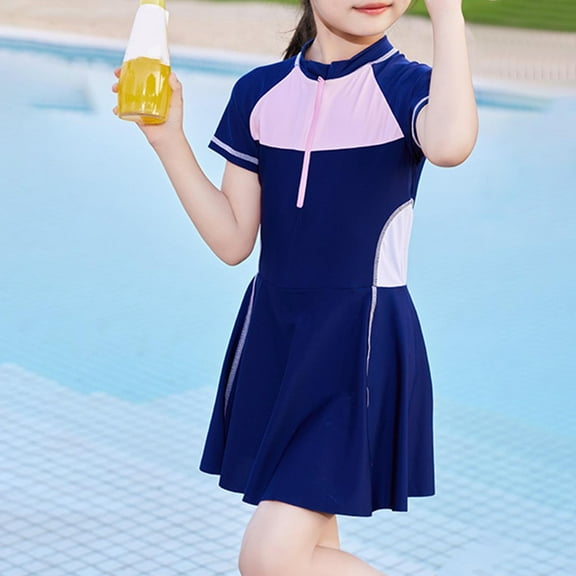 Spazoro Kids Girls Swimsuits, Fashionable Skirt Style Zipper Breathable Quick Drying Beach Swimming Pool Swimsuit for Chid Girls Blue Size 7 T