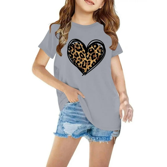Spazoro Kids Girls T-Shirts Tee, Basic Summer Crew Neck Short Sleeve Love Printed Casual Tops for Child Girls Gray Size 7 T