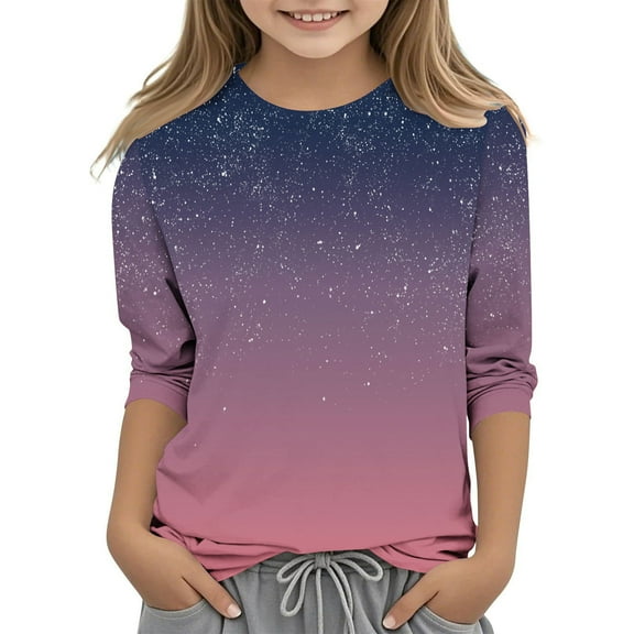 Spazoro Kids Girls T-Shirts Tee, Crew Neck Summer 3/4 Sleeve Fashion Gradient Color Casual Tops for Child Girls Purple Size 5 T