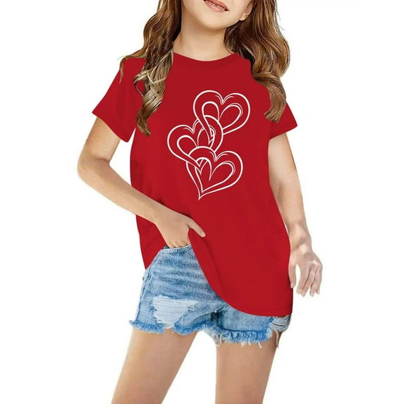 Spazoro Kids Girls T-Shirts Tee, Short Sleeve Crew Neck Love Printed Summer Basic Casual Tops for Child Girls Red Size 9 T
