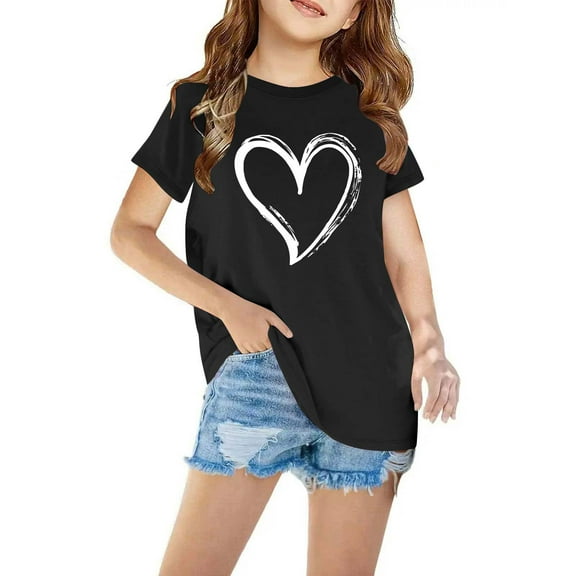 Spazoro Kids Girls T-Shirts Tee, Summer Short Sleeve Crew Neck Basic Love Printed Casual Tops for Child Girls Black Size 4 T