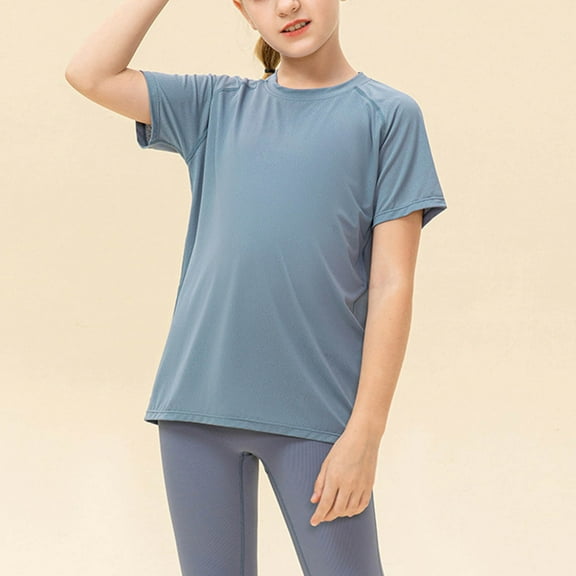 Spazoro Kids Girls T-Shirts Tee, Summer Solid Color Basic Crew Neck Short Sleeve Casual Tops for Child Girls Blue Size 8 T