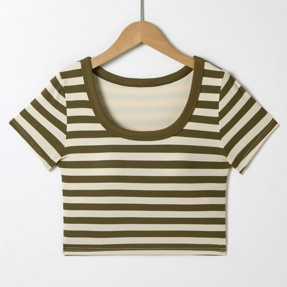 Spazoro Kids Girls T-shirts, Activewear Sport Crewneck Summer with Chest Cushion Striped Short Sleeve Tops Green Size 14-20T