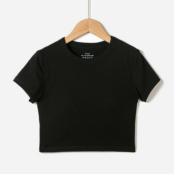Spazoro Kids Girls T-shirts, Summer with Chest Cushion Crewneck Activewear Sport Solid Color Short Sleeve Tops Black Size 14-19T