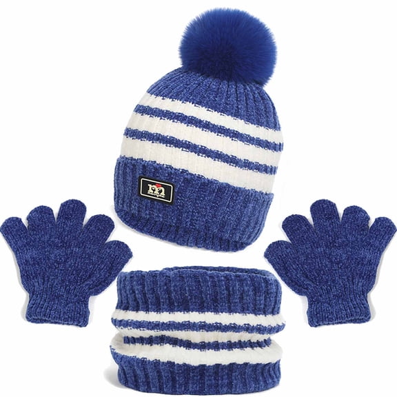 Spazoro Kids Winter Hat Gloves Scarf Set, 3PC Beanie Hat Cotton Warm Windproof Gloves Sets for Toddler Child Blue (1-11T)