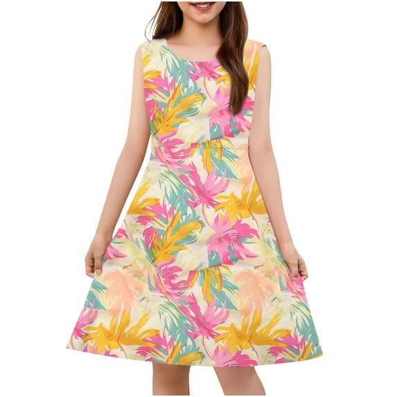 Spazoro Little & Big Girls A-Line Dress, Crew Neck Sleeveless Floral Print 2025 New Style Summer Dresses for Child Girls Multicolor Size 9 T