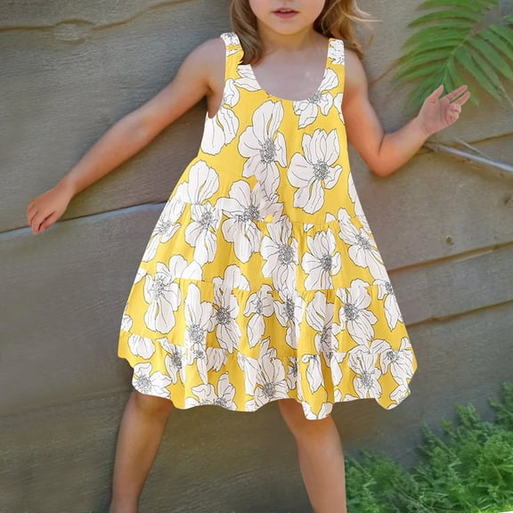 Spazoro Little & Big Girls A-Line Dress, Floral Print 2025 New Style Sleeveless Crew Neck Summer Dresses for Child Girls Yellow Size 8 T