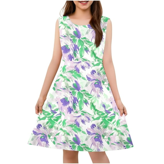 Spazoro Little & Big Girls A-Line Dress, Floral Print Crew Neck 2025 New Style Sleeveless Summer Dresses for Child Girls Multicolor Size 9 T