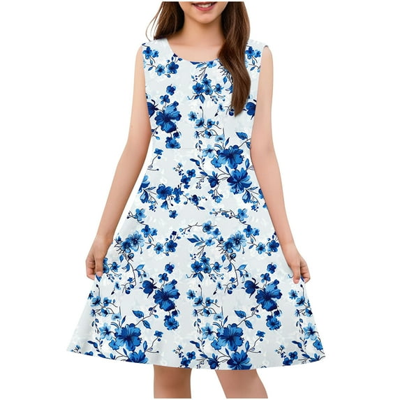 Spazoro Little & Big Girls A-Line Dress, Sleeveless Floral Print Crew Neck 2025 New Style Summer Dresses for Child Girls Blue Size 11 T