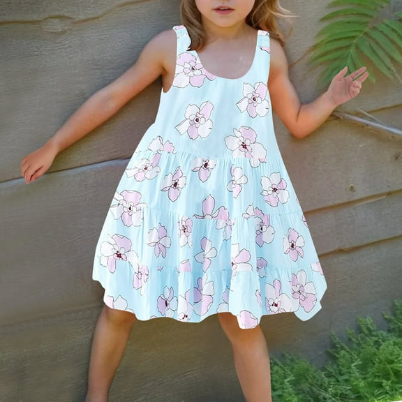 Spazoro Little & Big Girls A-Line Dress, Sleeveless Floral Print Crew Neck 2025 New Style Summer Dresses for Child Girls Light Blue Size 8 T