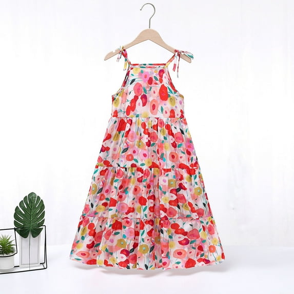 Spazoro Little & Big Girls A-Line Dress, Sleeveless Floral Print Crew Neck 2025 New Style Summer Dresses for Child Girls Multicolor Size 6-7 T