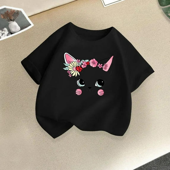 Spazoro Little & Big Girls Boys T-Shirts Tees, Casual Crew Neck Short Sleeve Graphic Breathable Summer Tops for Kids Unisex Black Size 2 T