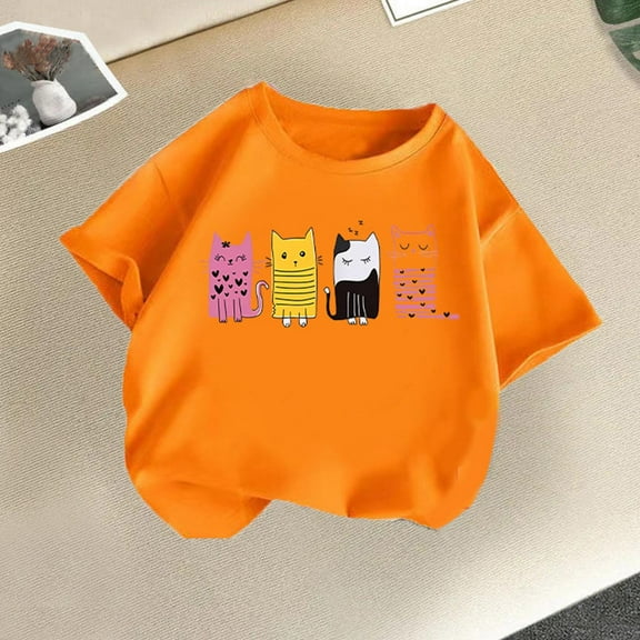 Spazoro Little & Big Girls Boys T-Shirts Tees, Graphic Crew Neck Short Sleeve Casual Breathable Summer Tops for Kids Unisex Orange Size 12 T