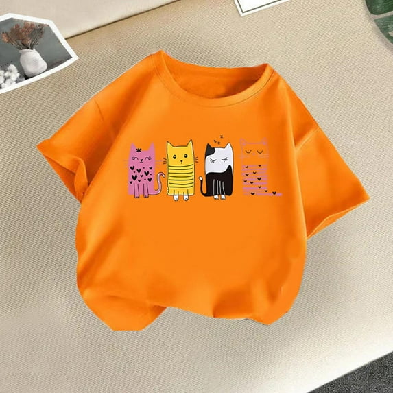 Spazoro Little & Big Girls Boys T-Shirts Tees, Graphic Crew Neck Short Sleeve Casual Breathable Summer Tops for Kids Unisex Orange Size 12 T