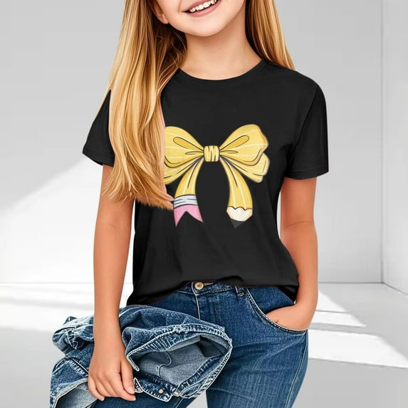 Spazoro Little & Big Girls Boys T-Shirts Tees, Graphic Short Sleeve Crew Neck Casual Breathable Summer Tops for Kids Unisex Black Size 5 T