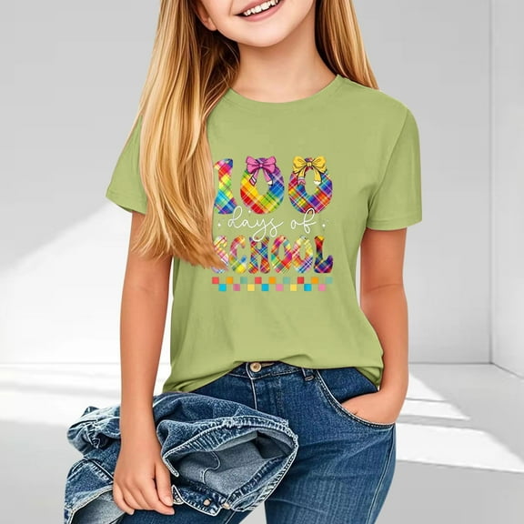 Spazoro Little & Big Girls Boys T-Shirts Tees, Graphic Short Sleeve Crew Neck Casual Breathable Summer Tops for Kids Unisex Green Size 7 T