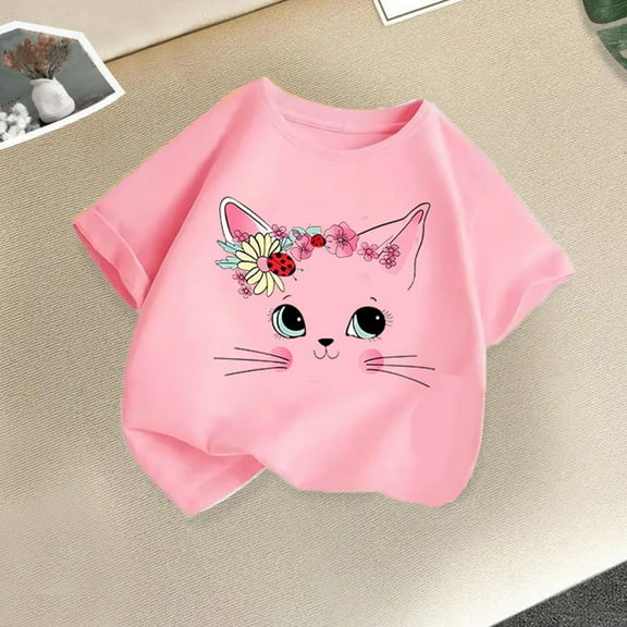 Spazoro Little & Big Girls Boys T-Shirts Tees, Graphic Short Sleeve Crew Neck Casual Breathable Summer Tops for Kids Unisex Pink Size 10 T