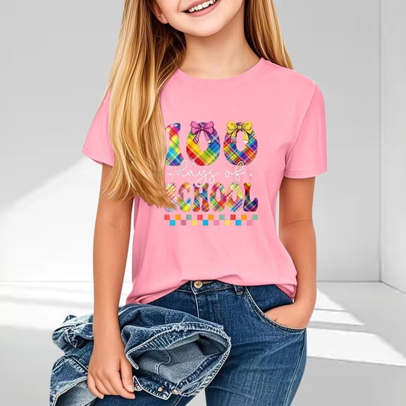 Spazoro Little & Big Girls Boys T-Shirts Tees, Short Sleeve Crew Neck Casual Graphic Breathable Summer Tops for Kids Unisex Pink Size 5 T