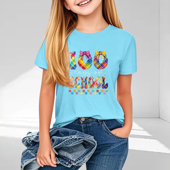 Spazoro Little & Big Girls Boys T-Shirts Tees, Short Sleeve Crew Neck Casual Graphic Breathable Summer Tops for Kids Unisex Sky Blue Size 7 T