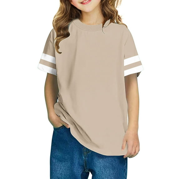 Spazoro Little & Big Girls Boys T-Shirts Tees, Striped Casual Short Sleeve Crew Neck Breathable Summer Tops for Kids Unisex Khaki Size 11 T