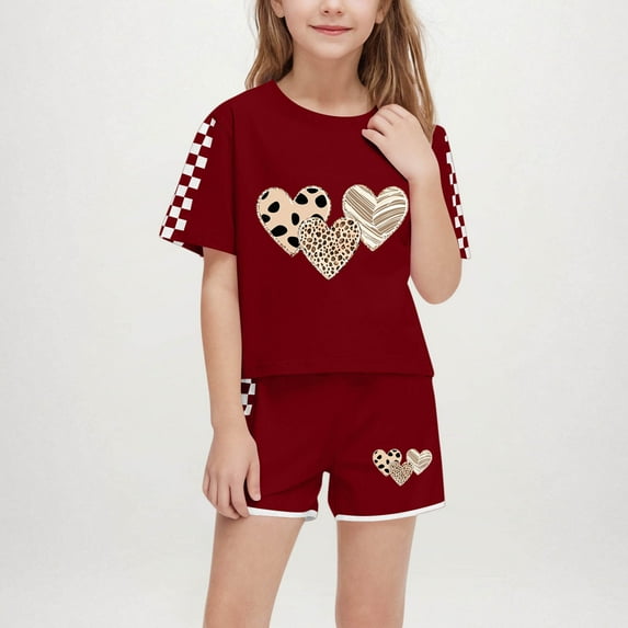Spazoro Little & Big Girls Cute Outfit Sets, 2-Pieces Crew Neck Summer Graphic Print Short Sleeve Shirt and Shorts Sets Wine Size 9 T