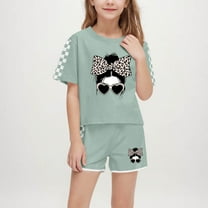 Spazoro Little & Big Girls Cute Outfit Sets, 2-Pieces Graphic Print Crew Neck Summer Short Sleeve Shirt and Shorts Sets Army Green Size 9 T