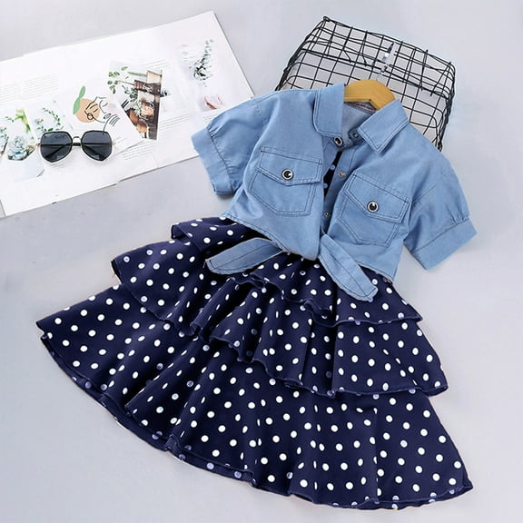 Spazoro Little & Big Girls Cute Outfit Sets, 2-Pieces Summer Cotton Solid Color Short Sleeve Shirt and Skirts Sets Blue Size 3-4T