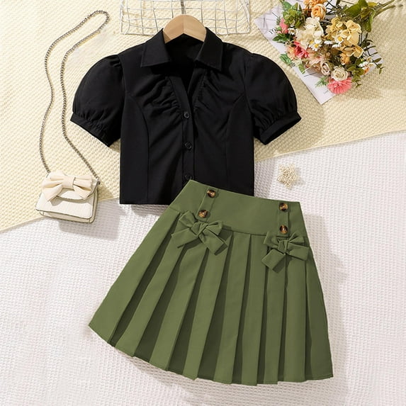 Spazoro Little & Big Girls Cute Outfit Sets, Crew Neck 2-Pieces Solid Color Summer Short Sleeve Shirt and Skirts Sets Army Green Size 12 T