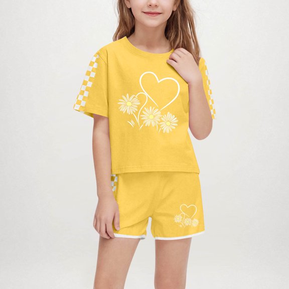 Spazoro Little & Big Girls Cute Outfit Sets, Crew Neck Summer Graphic Print 2-Pieces Short Sleeve Shirt and Shorts Sets Yellow Size 13 T
