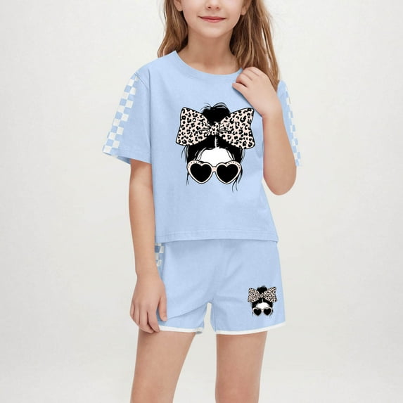 Spazoro Little & Big Girls Cute Outfit Sets, Graphic Print Crew Neck Summer 2-Pieces Short Sleeve Shirt and Shorts Sets Sky Blue Size 9 T