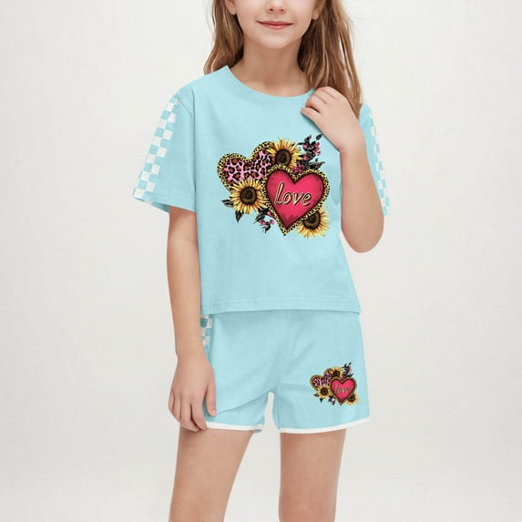 Spazoro Little & Big Girls Cute Outfit Sets, Summer 2-Pieces Crew Neck Graphic Print Short Sleeve Shirt and Shorts Sets Green Size 7 T