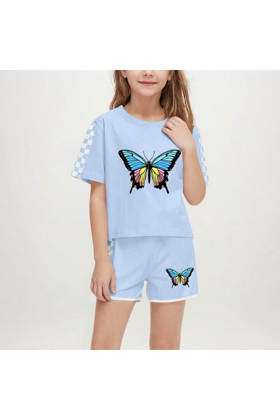 Little & Big Girls Cute Outfit Sets, Summer 2-Pieces Graphic Print Crew Neck Short Sleeve Shirt and Shorts Sets Sky Blue Size 9 T