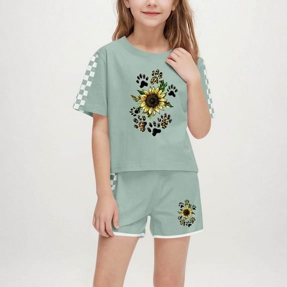 Spazoro Little & Big Girls Cute Outfit Sets, Summer Graphic Print Crew Neck 2-Pieces Short Sleeve Shirt and Shorts Sets Army Green Size 13 T