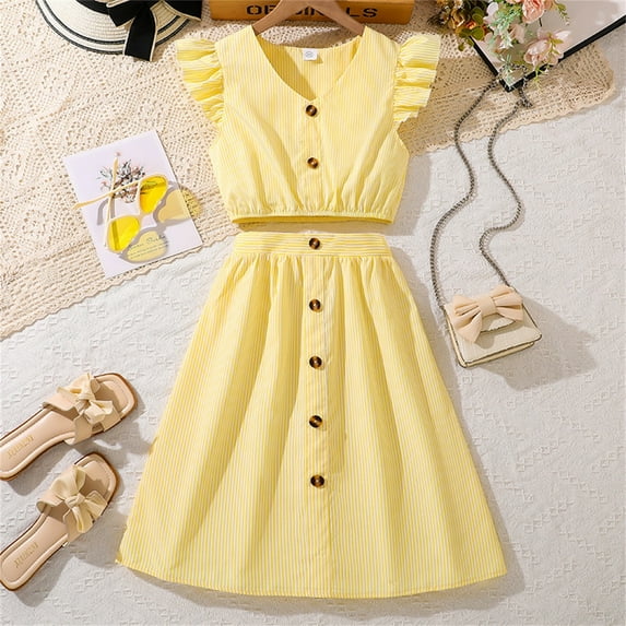 Spazoro Little & Big Girls Cute Outfit Sets, Summer Solid Color Crew Neck 2-Pieces Short Sleeve Shirt and Skirts Sets Yellow Size 9 T