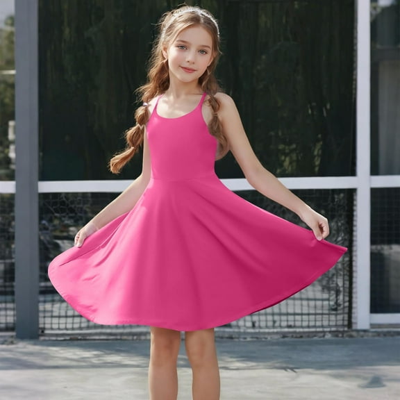 Spazoro Little and Big Girls Dresses Baseball Suits, Round Neck with Inner Pockets Solid Color Sleeveless Active Wear Dresses for Girls Hot Pink Size 4 T