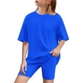 thumbnail image 1 of Spazoro Little & Big Girls Leisure Outfit Sets, Crew Neck 2-Pieces Summer Solid Color Short Sleeve Shirt and Shorts Sets Blue Size 6 T, 1 of 8