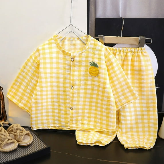 Spazoro Little & Big Girls Leisure Outfit Sets, Plaid Cotton 2-Pieces Summer Short Sleeve Shirt and Pants Sets Yellow Size 7-8T