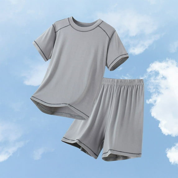 Spazoro Little & Big Girls Leisure Outfit Sets, Solid Color 2-Pieces Crew Neck Summer Short Sleeve Shirt and Shorts Sets Gray Size 3-4T